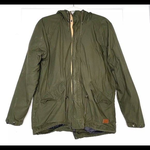 Volcom Hooded Flannel Lined Jacket Green And Orange Field Style Size Medium - Picture 1 of 10